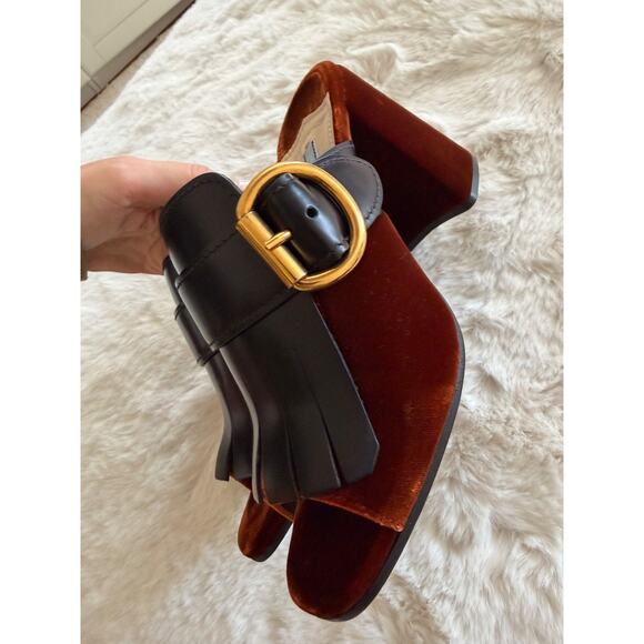 Prada Black/Brown Velvet and Leather Kiltie Mule Sandals - Picture 8 of 10